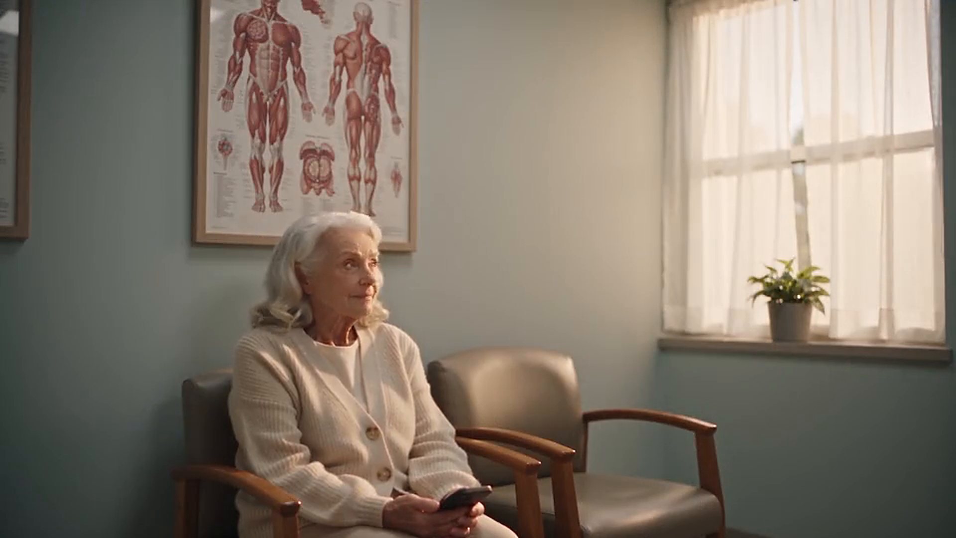 Sharon waits in a quiet clinic waiting room with her phone in her lap.
